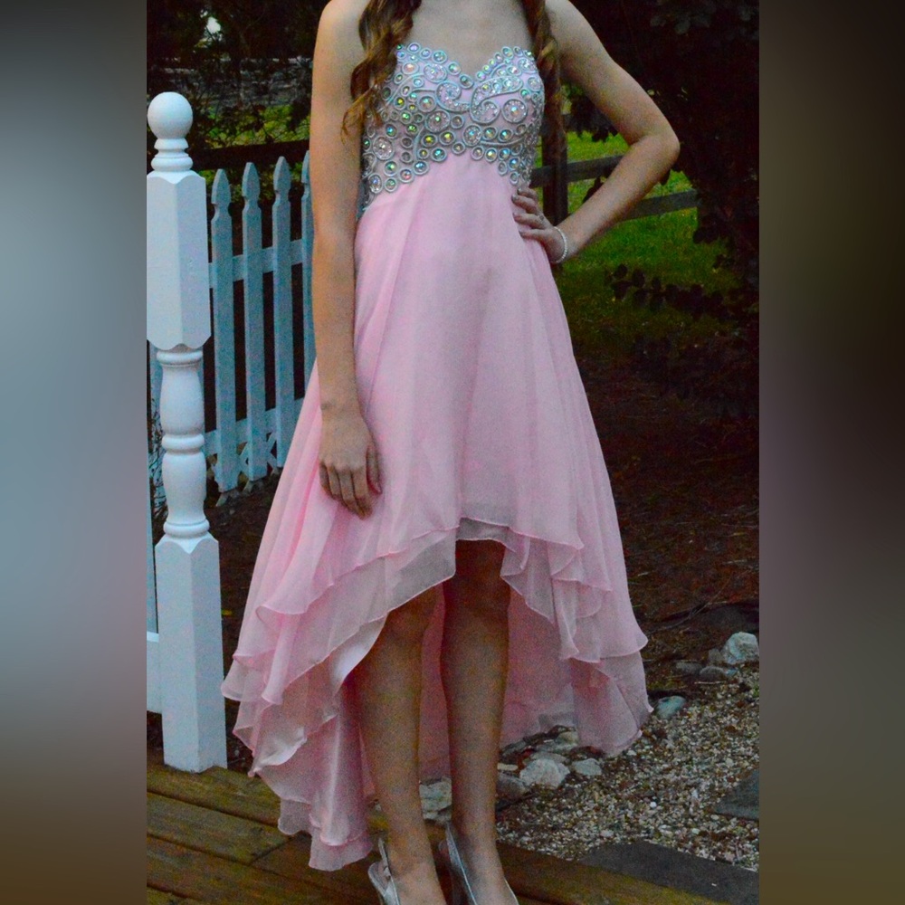Poly USA by Neblon, size small high-low strapless dress, baby pink with jewels